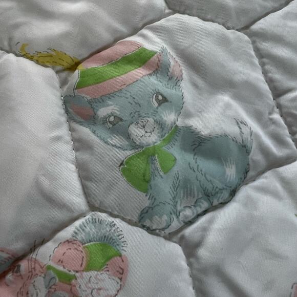 Vintage Pastel Quilted Baby Blanket comforter Elephant Bunny Kitty Horse - Picture 7 of 10